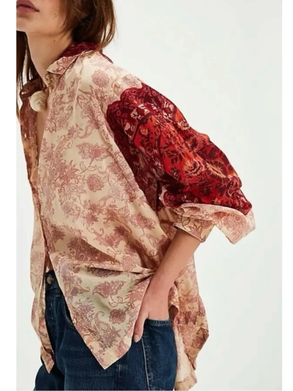 Free People Western Bohemian Dainty Rose Bud Button Down Oversized Blouse Medium